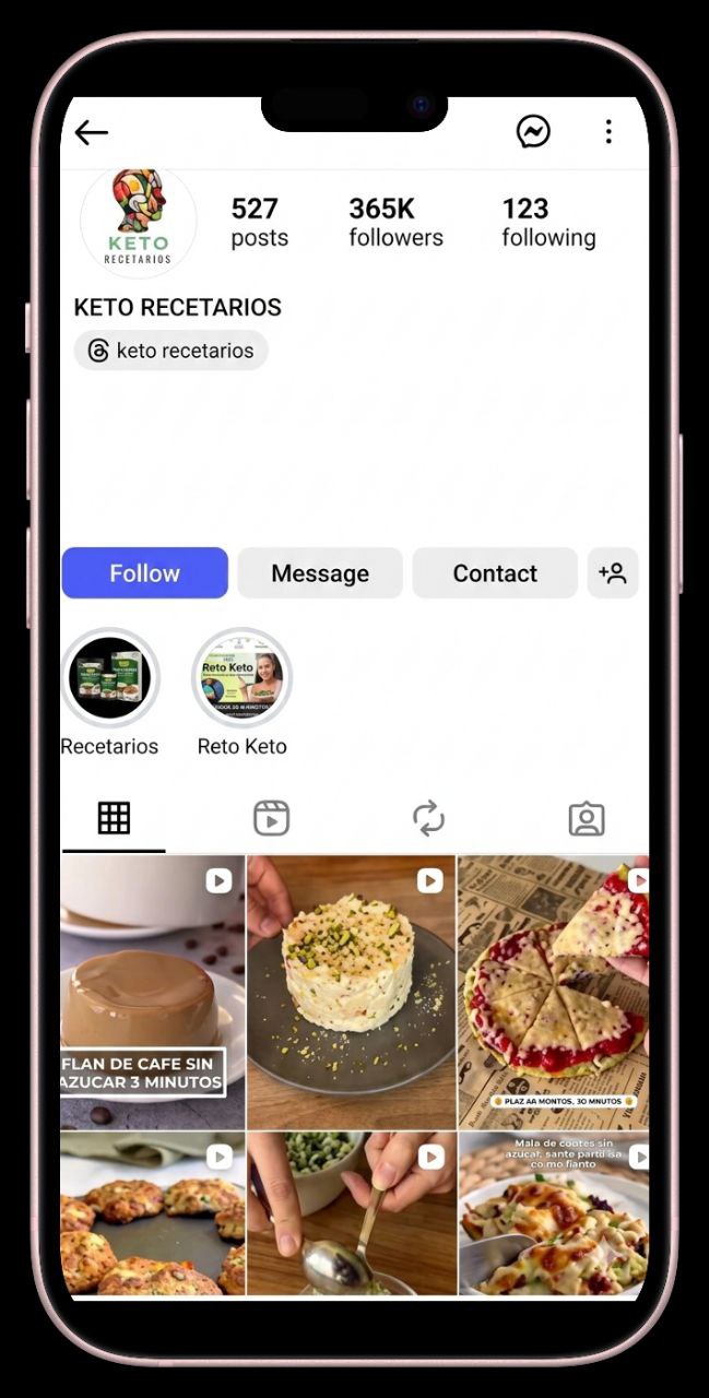 Keto Recetarios Instagram account with 365K followers showing keto dessert and recipe content
