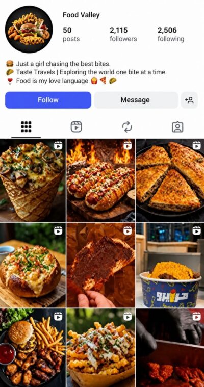 Food Valley Instagram profile showing 2,115 followers, 50 posts, and food travel bio – account for sale